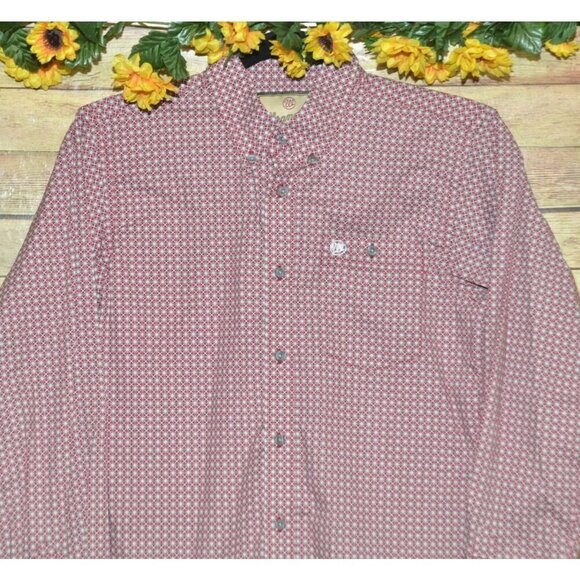 Wrangler Boys XL Red Button Down Long Sleeve Western Dress Shirt Geometric Print - Picture 2 of 9